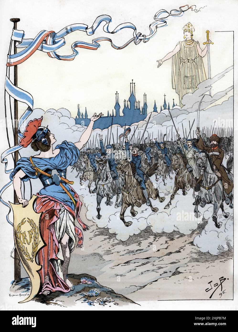 Alliance franco-russe : entente entre la France et la Russie en 1891 1892 - Erscheinung der terme Hourrah d'origine russe dans la langue Francaise (Französisch-Russische Allianz oder russisch-französische Annäherung 1892 ca) llustration de Job (1858-1931) tiree de 'les mots historiques du Pays de France' 1896 Collection privee Stockfoto