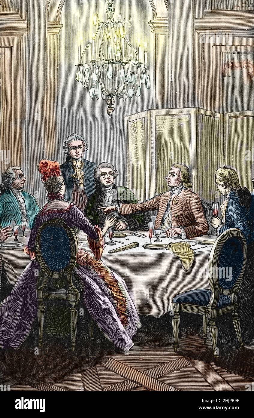 La prediction de Jacques Cazotte (1719-1792) un an avant la Revolution Francaise qui decrit pour chaque personnage present dans un Salon ou ils devisent, ce qu'il va advenir d'eux durant la future Revolution - CES propos furent tenus en Presence du mathematicien Nicolas de Condorcet, Du poete et moraliste Sebastien-Roch Nicolas de Chamfort et de la salonniere Beatrix de Choiseul-Stainville, duchesse de Grammont, auxquels il predit une mort violente liee à la terreur revolutionnaire - Le Berichterstatter des propos, Jean-Francois de La Harpe, le medecin et naturaliste Felix Vicq d'Azyr (auquil PR Stockfoto