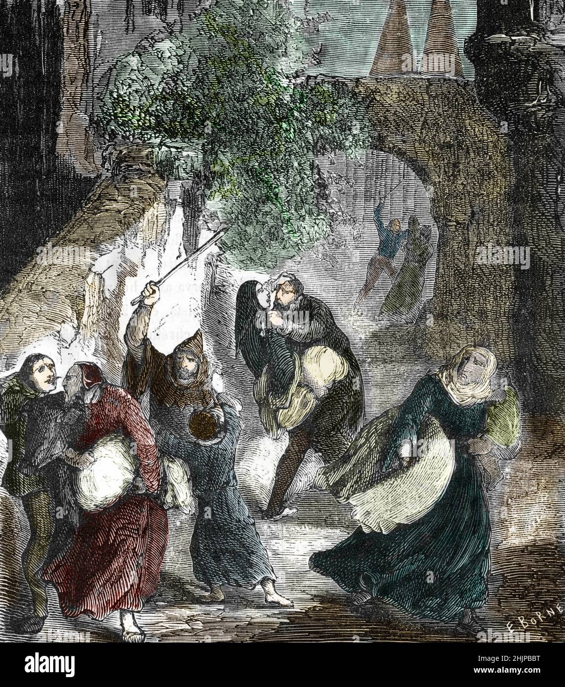 Edit d'exposion des Juifs en juin 1306, persecutions des juifs sous le regne de Philippe le Bel (1285-1314) de France - tous les juifs de France sont arretes et expulses, leurs biens sont saisis (Austreibung war ein königliches Dekret von König Philipp IV. Von Frankreich am 1306. juni: Vertreibung der zur Verbannung verurteilten juden, Frankreich) Gravure tiree de 'Les societes secretes' de Pierre Zaccone, 1871 Collection privee Stockfoto