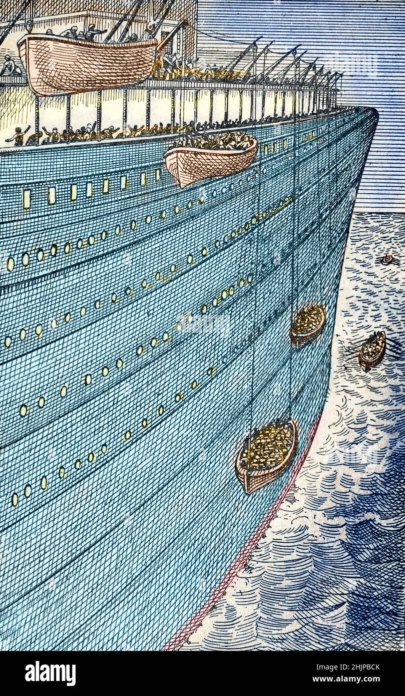 Catastrophe du Titanic, les chaloupes contenant les rescapes prennent la mer apres que le paquebot transatlantique ait heurte un iceberg dans la nuit du 14 avril 1912 lors de sa traversee inaugurale (Titanic Disaster, Ruderboote mit Überlebenden setzen in See, nachdem das transatlantische Linienschiff in der Nacht vom 14. April 1912 auf seiner Jungfernfahrt einen Eisberg getroffen hatte) Illustration tiree de 'La Catastrophe du Titanic' Collection privee Stockfoto