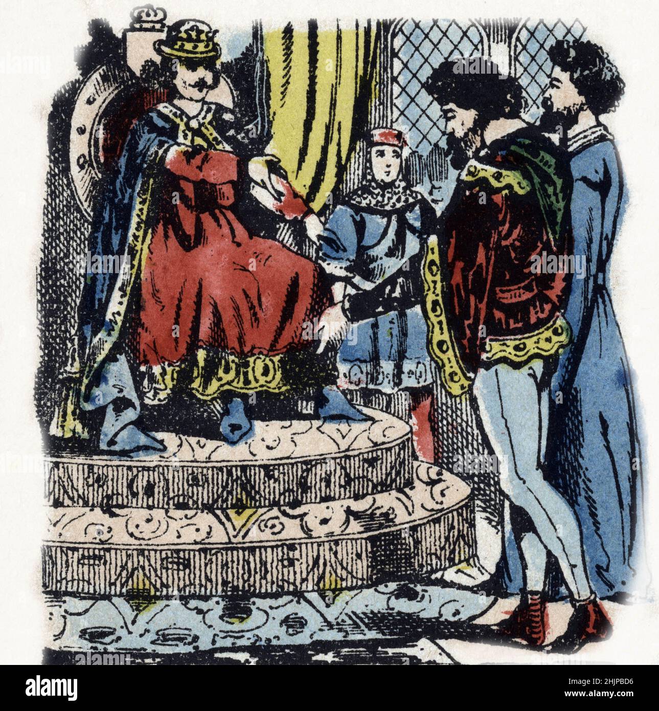 Antisemitisme, Repulsion des Juifs de France en 1322 sous le regne du roi de France Charles IV dit le bel (1294-1328) Chassant de son etat les juifs (a la Suite de la croisade des pastoureaux en 1320 qui a vu le Massacre de nombreux juifs) 1322 (Vertreibung der juden nach der Regierungszeit von König Karl IV 1322) Image d'Epinal Fin 19eme siecle Collection privee Stockfoto