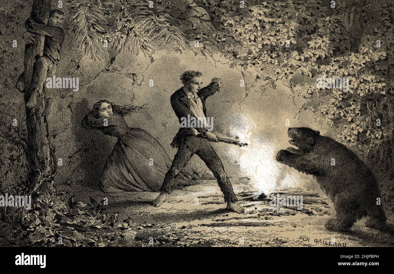 Episode du recit du marin francais Pierre Viaud (1725-?) Lors du naufrage du brigantin 'le tigre' le le 16 fevrier 1766 sur une ligne de brisants a proximitte de l’ile aux Chiens (Hundeinsel), Sur la cote de Floride - Viaud parvient a survivre avec la femme du capitaine madame la Couture en se Angeklagte des betes feroces et mangeant leur esclave noir (Folge aus der Geschichte des französischen Seefahrers Pierre Viaud (1725-?) Während des Schiffswracks der Brigantine 'der Tiger' am 16. Februar 1766 auf einer Reihe von Abbrechern in der Nähe der Ile aux Chiens (Dog Island), an der Küste Floridas, gelingt es Viaud, w zu überleben Stockfoto