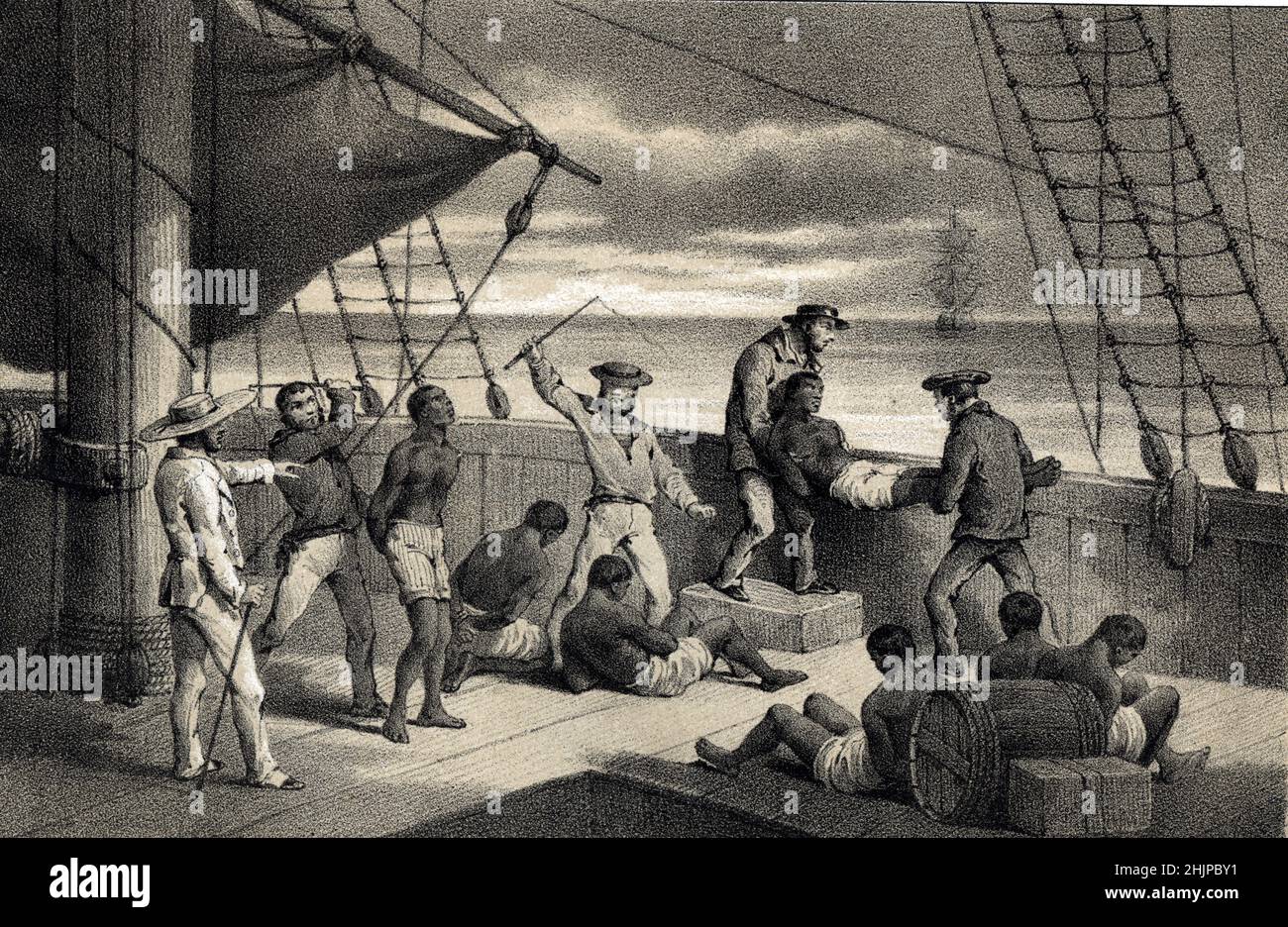 Bateau negrier, Esclavage, scene de violence infligee aux esclaves battu a mort puis jetes par dessus Bord, Commerce d'etres humains, Commerce triangulaire, traite des Noirs (Sklavenboot, Sklaverei, Schauplatz von Gewalt gegen Sklaven, die zu Tode geprügelt und dann über Bord geworfen wurden, Handel mit Menschen, Dreieckshandel, Sklavenhandel) gravure tiree de 'Histoire des naufrages' de Alfred Driou 19eme siecle Collection privee Stockfoto