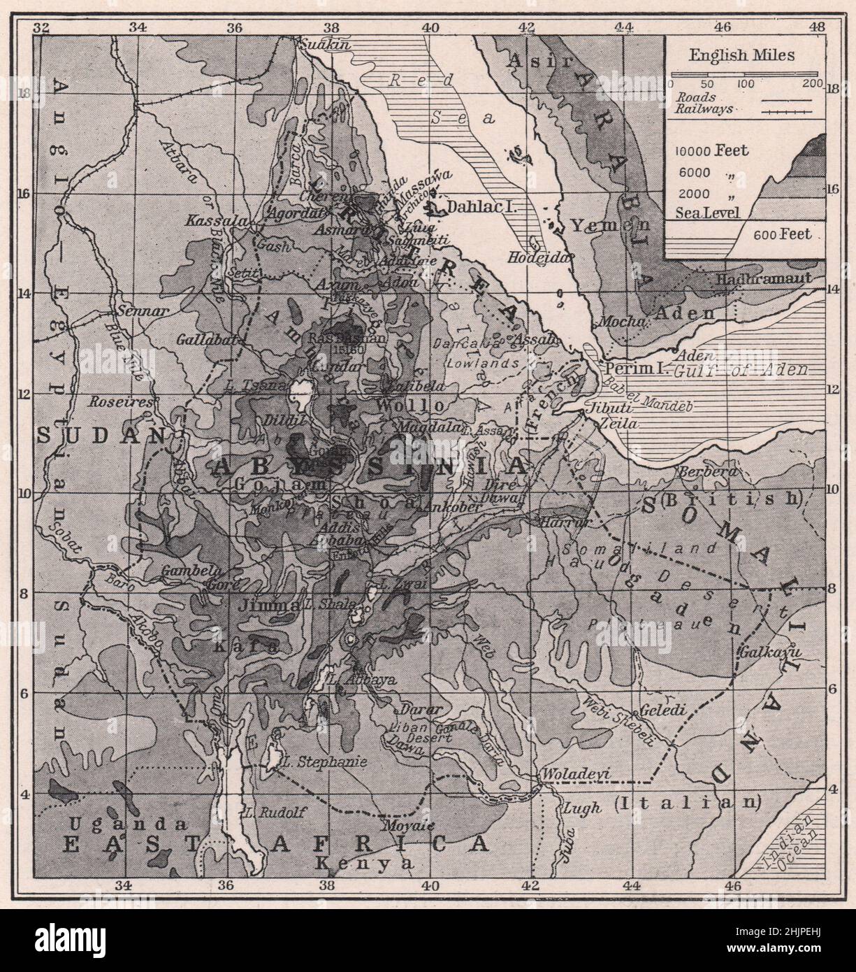 Physische Karte der modernen Abessinien und Eritrea. Äthiopien (1923) Stockfoto