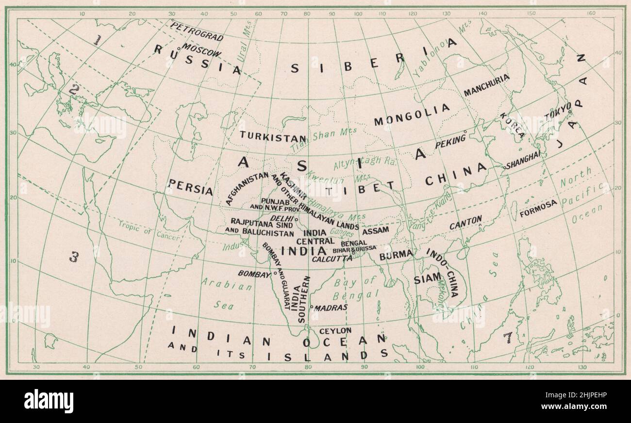 Schlüsselkarte zu Kapitelüberschriften zu Asien und Teilen Osteuropas (1923) Stockfoto