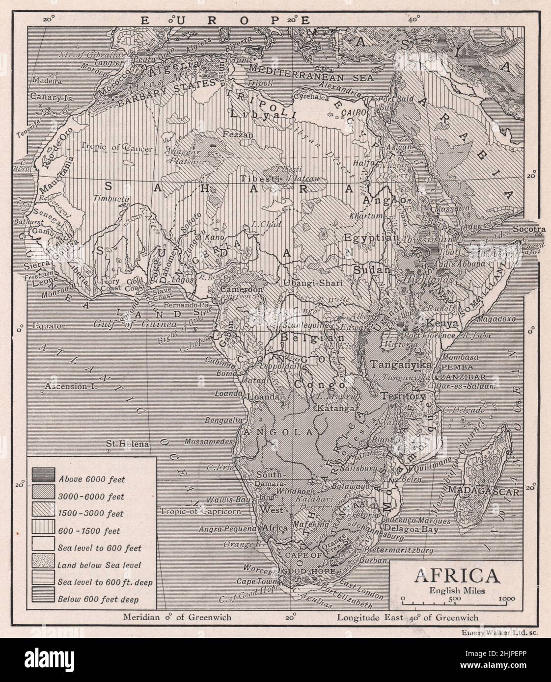 Reliefkarte des afrikanischen Kontinents (1923) Stockfoto