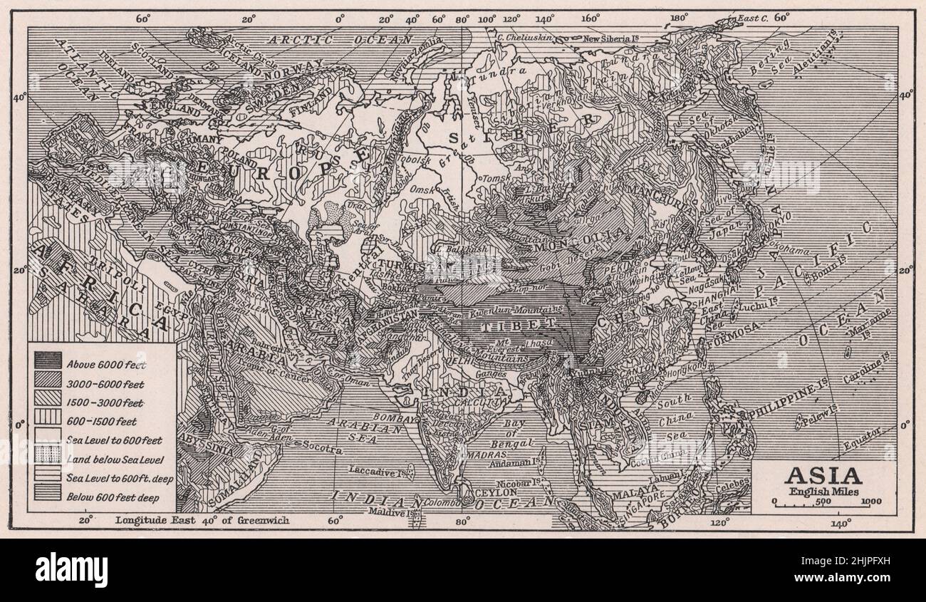 Asien: Reliefkarte des größten Kontinents der Welt (1923) Stockfoto