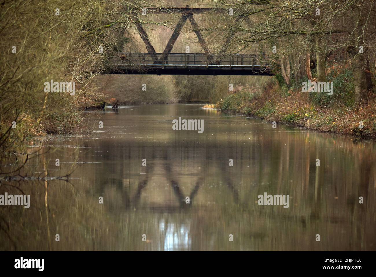 Die Claycart Bridge spiegelt sich in den stillen Gewässern des schönen Basingstoke Canal in Hampshire wider Stockfoto