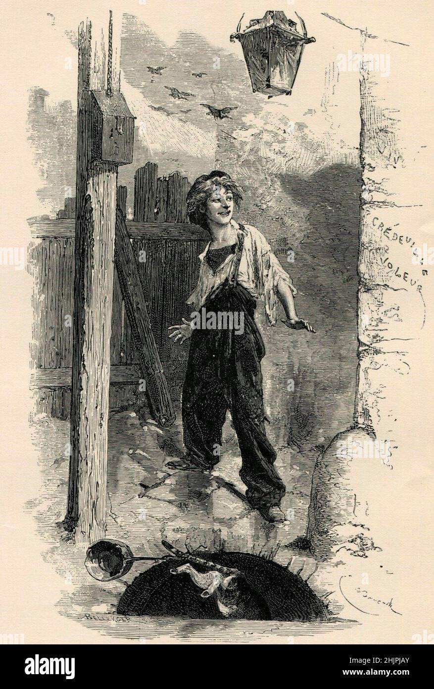 Gavroche eine Zeichnung der jungen Figur für Victor Hugos Les Miserables. Stockfoto