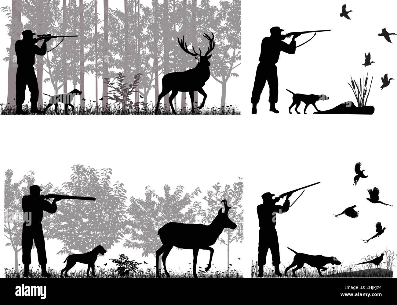 Mann mit Hund ist auf der Jagd nach Hirschen, Zaunhörnern, Enten und faasants Stock Vektor