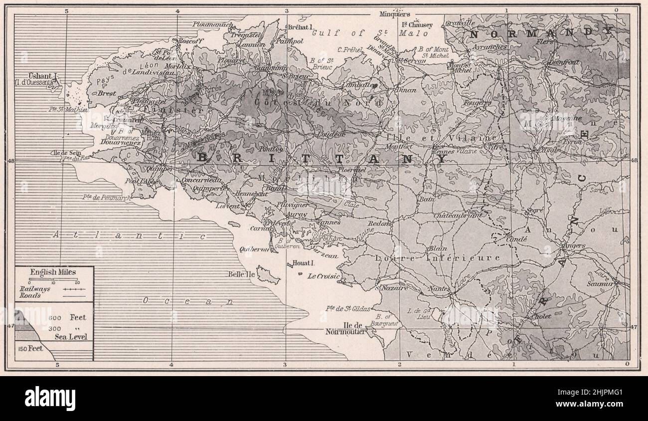 Wie die vom Meer gezackte Granitmasse der Bretagne von Frankreich in den Atlantik ragt (1923 Karte) Stockfoto
