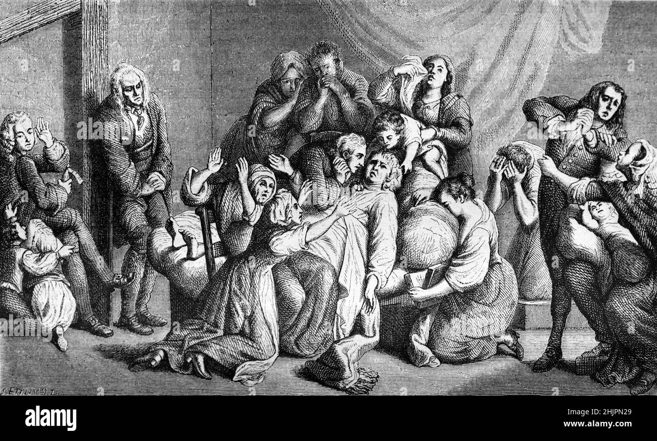 c18th Gravieren einer Totenbett-Szene, von Physiognomist Johann Kasper Lavater (1741-1801) zeigt eine thetrical Szene von Trauernden um einen kürzlich verstorbenen Mann. Vintage Illustration oder Gravur c 18.18. Stockfoto