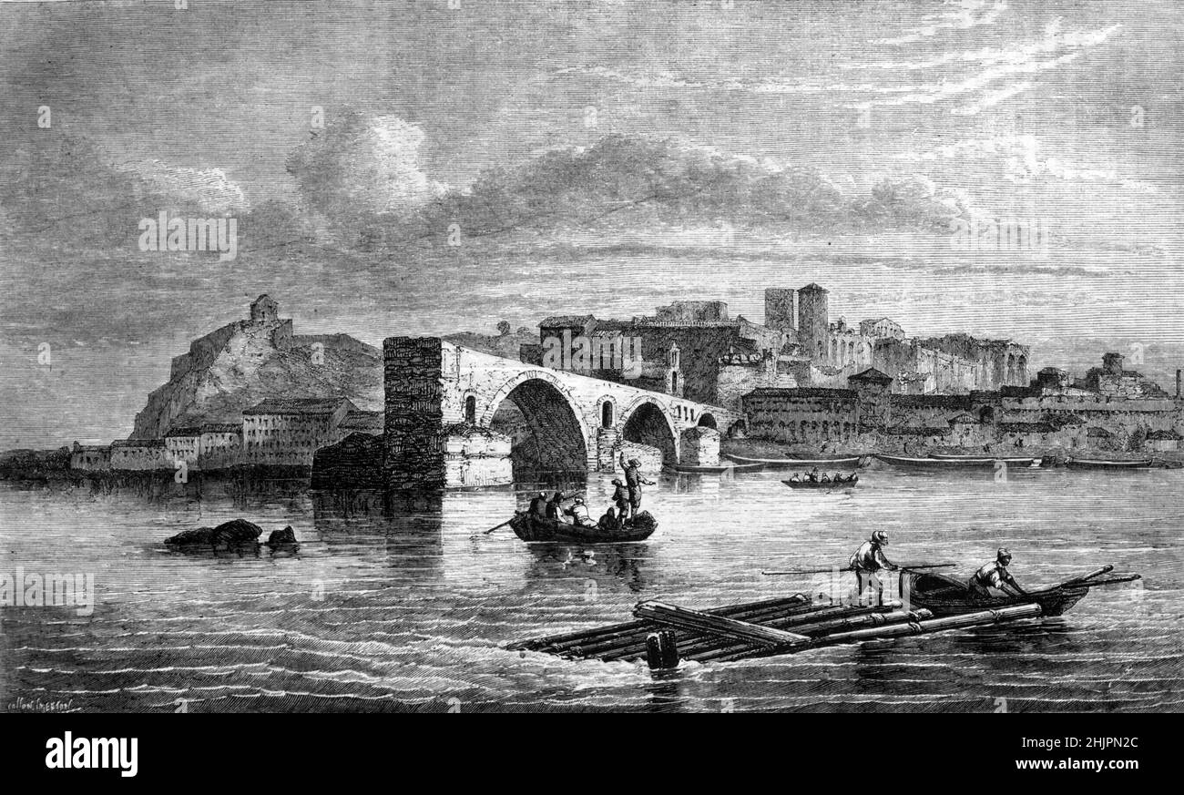 Blick über Avignon zeigt den Papstpalast, die Pont d'Avignon oder die Pont Saint-Bénézet und den Fluss Rhone Provence France. Vintage Illustration oder Gravur 1865. Stockfoto
