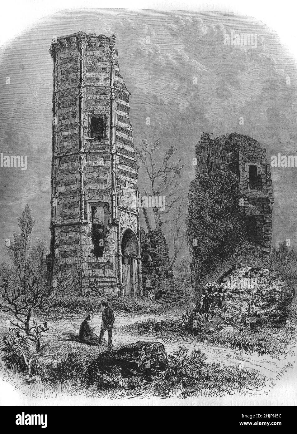Ruinen des Schlosses Montfort-l'Amaury oder des Schlosses, darunter der Turm der Anne der Bretagne, Yvelines France. Vintage Illustration oder Gravur 1865 Stockfoto