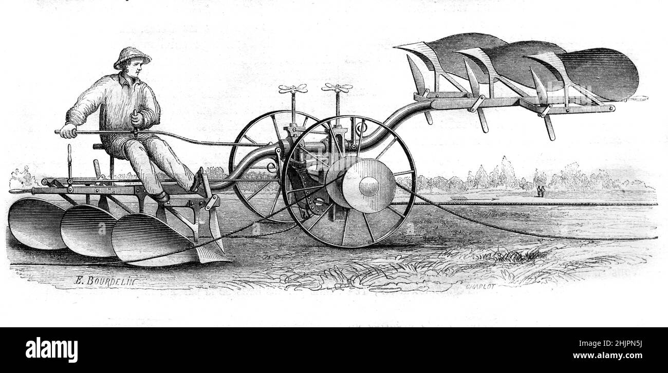 Lotz Plough mit dreifachen Furchen und Winde, die zur Dampfmaschine führen. Vintage Illustration oder Gravur 1865 Stockfoto