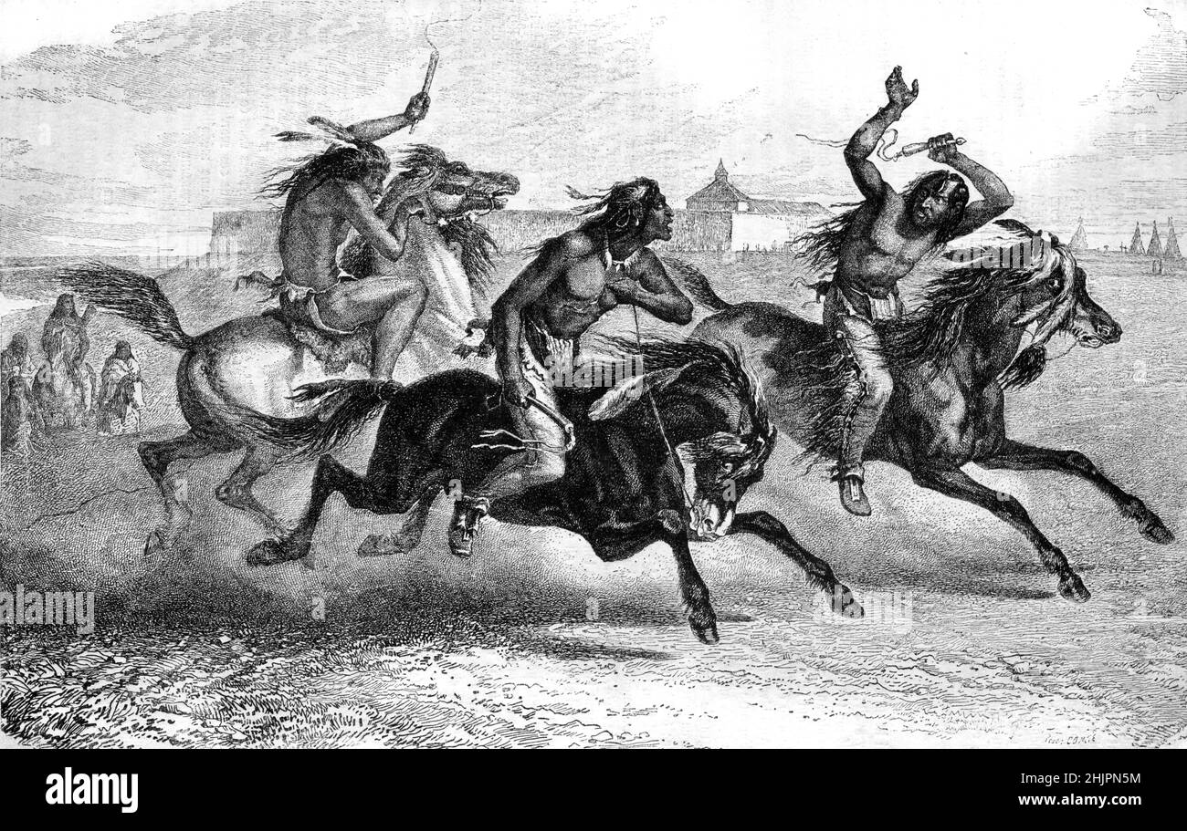 Pferderennen unter Sioux-Indianern oder Indianern. Vintage Illustration oder Gravur 1865 Stockfoto