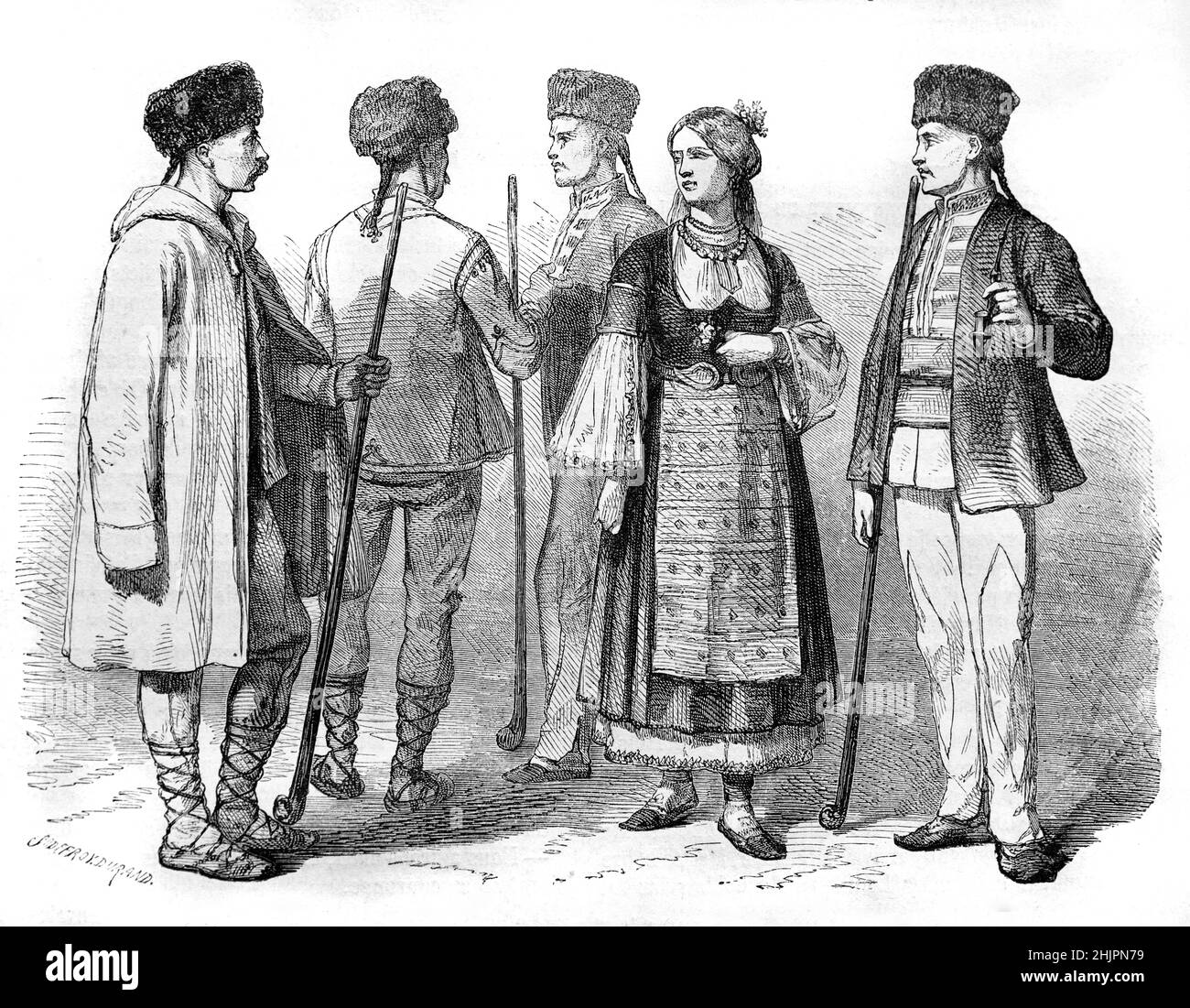 Illustration der Bulgaren in traditioneller Tracht, Folkloristische Tracht der Nationaltracht. Vintage Illustration oder Gravur 1865. Stockfoto