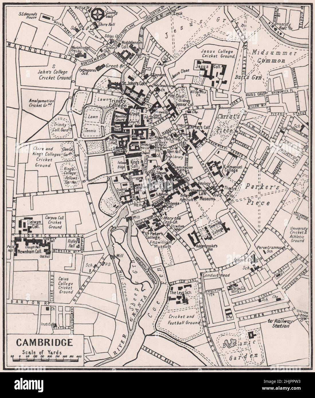 Cambridge und seine Colleges umgeben von der Cam (Karte von 1923) Stockfoto