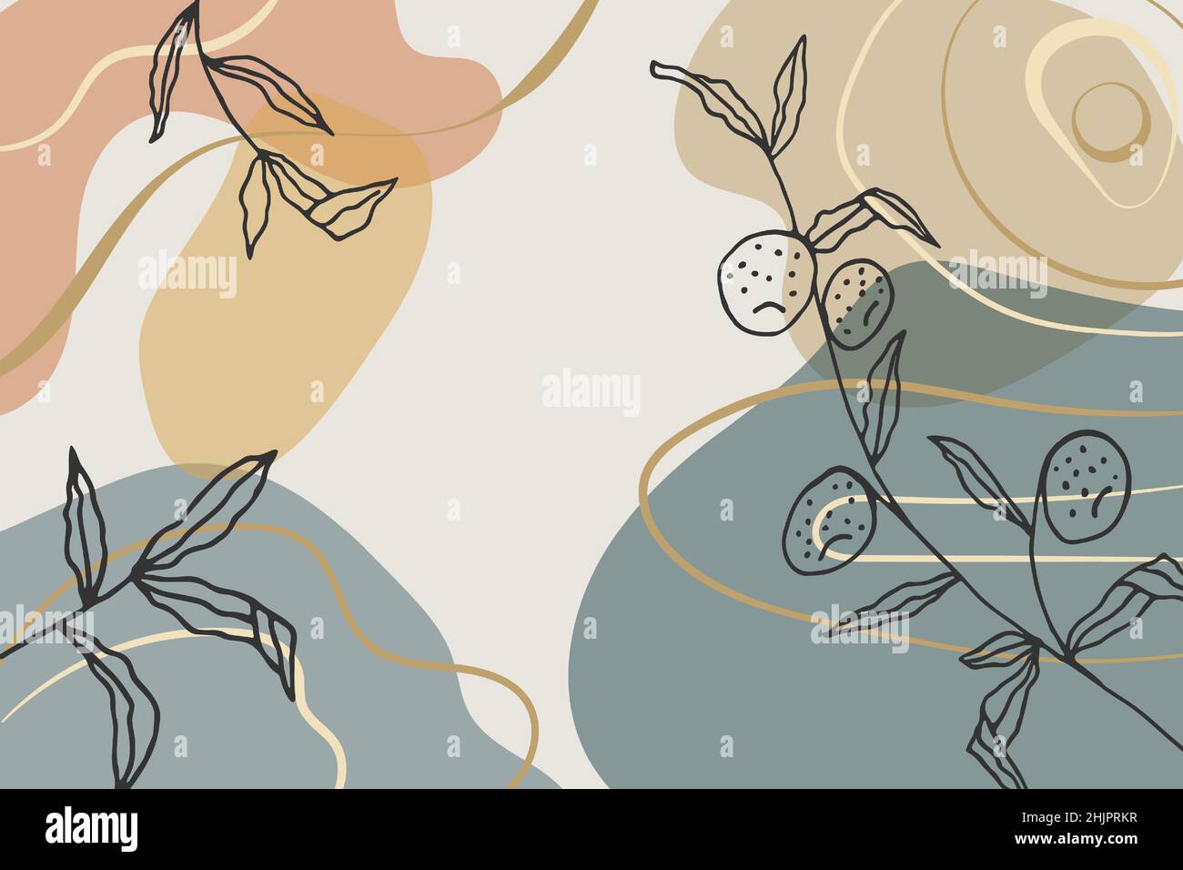 Zeitgenössische Wandkunst mit abstrakten Formen und handgezeichneten Pflanzenmotiven. Minimalistische Bohemian-Illustration für Wandgestaltung, Cover oder Karte. Erdige Töne Stock Vektor