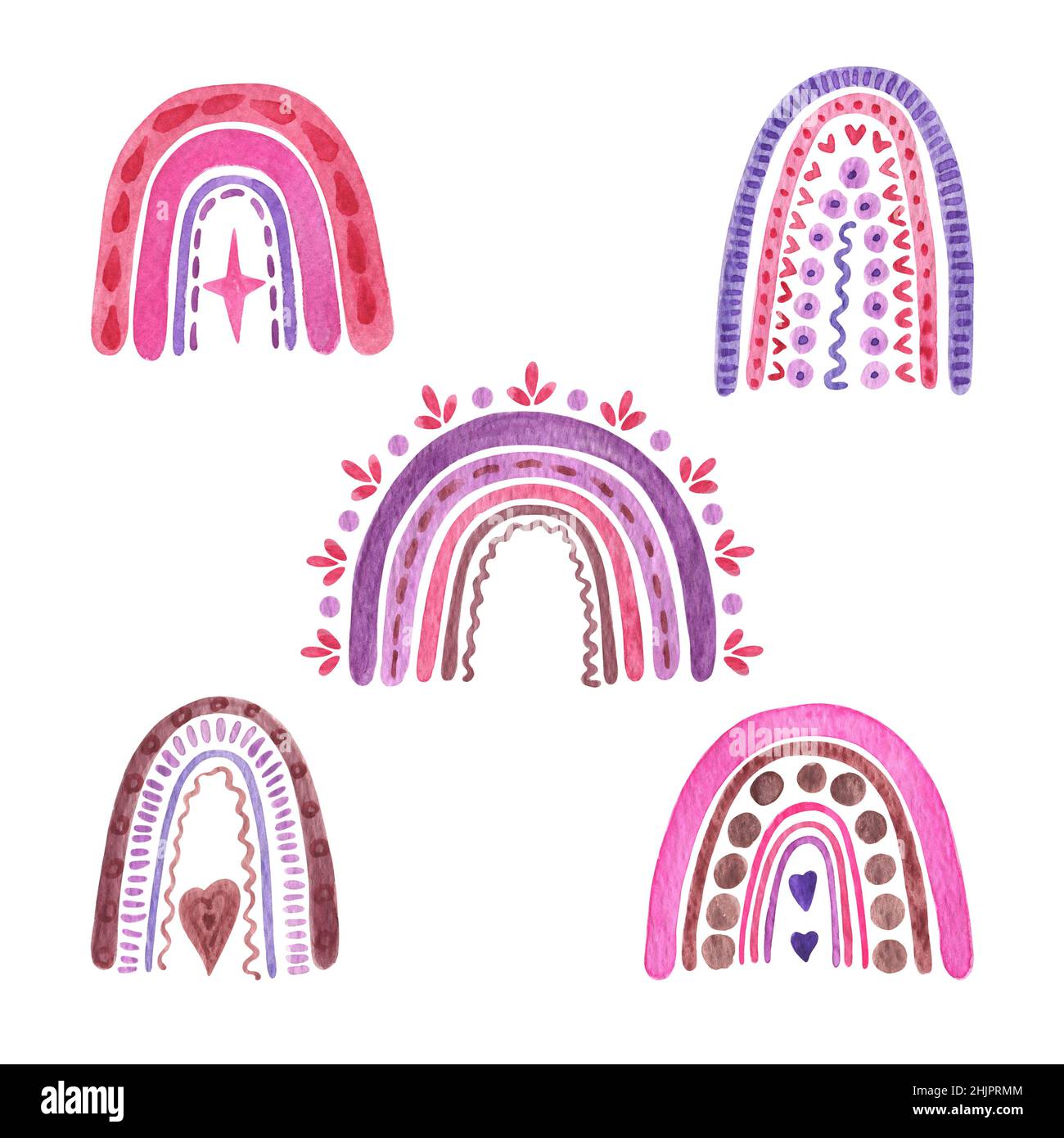 Rosa, violette Regenbogen niedlichen Kindergarten Aquarell einfache Illustration in Hand gezeichnet Stil, trendige Kinder Ornament für Babydusche, Kindergarten Dekor, Party, Karten, Einladungen, papierkunst, positives Design Stockfoto