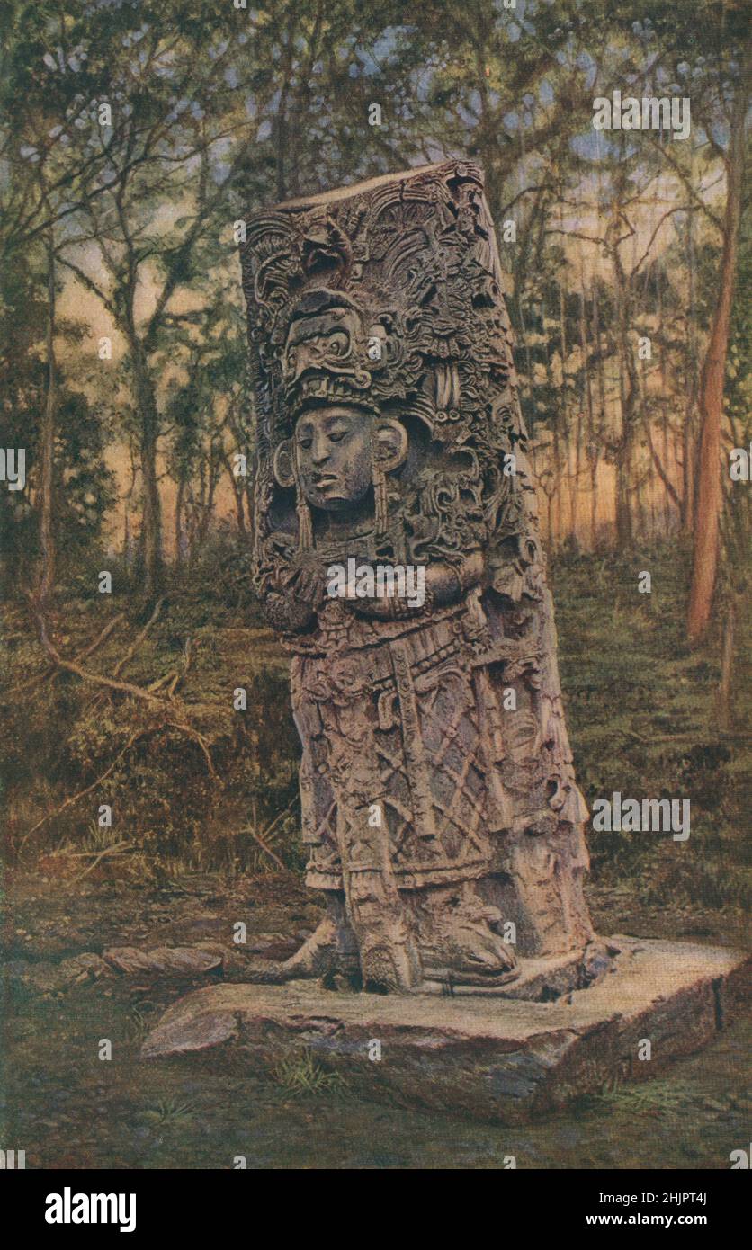Dieser Maya-Datumsmarker in Copan, Honduras, wurde mit einer Tiefe von fast einer Statue geschnitzt und ist ein Meisterwerk. Mittelamerika (1923) Stockfoto
