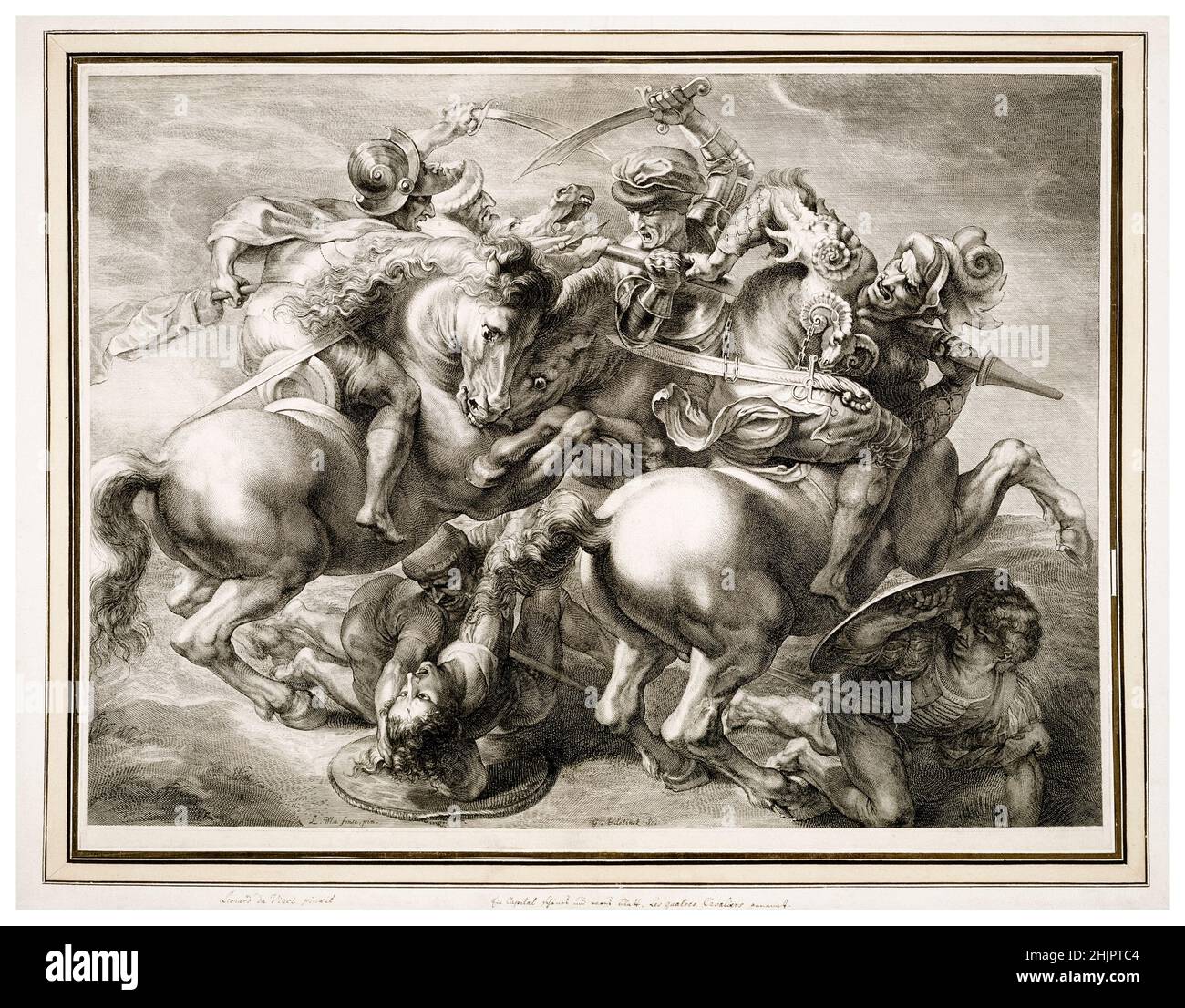 Die Schlacht von vier Reitern (Schlacht von Anghiari), 17th Jahrhundert Stich von Gérard Edelinck nach Leonardo Da Vinci, 1657-1666 Stockfoto