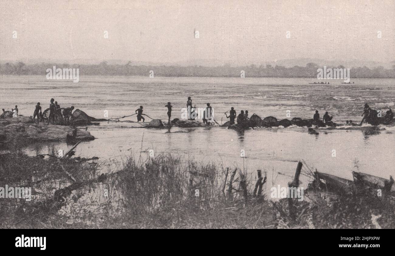 Angeln der Stromschnellen in Banzyville, die eine unwegsame Barriere für die Schifffahrt bilden. Kongo (1923) Stockfoto