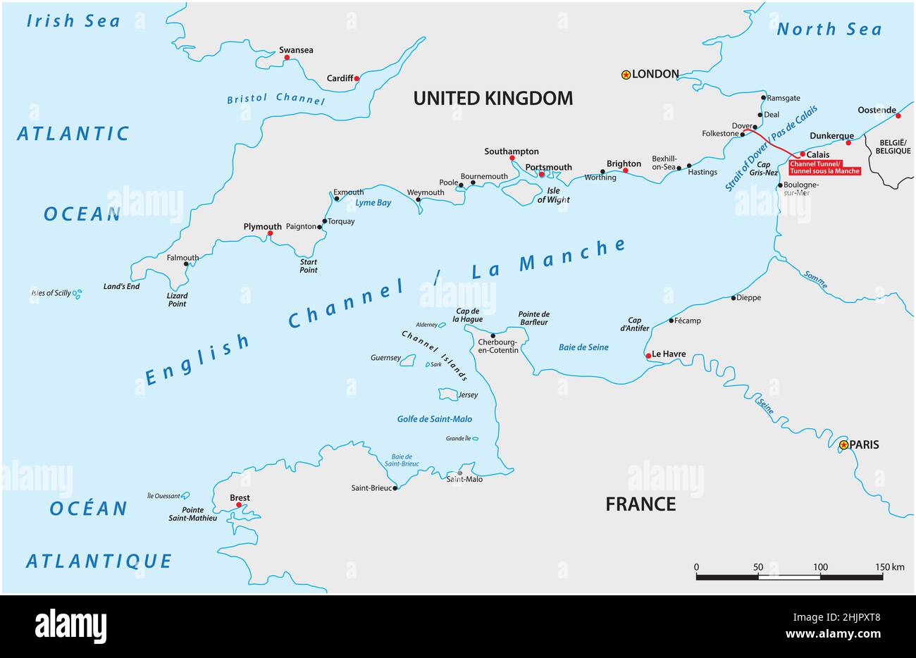 Vektorkarte des Ärmelkanals zwischen Großbritannien und Frankreich Stock Vektor