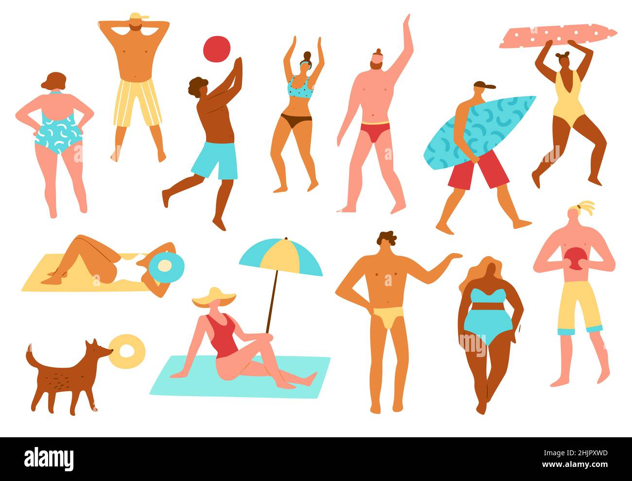 Strandmenschen. Sommer Männer oder Frauen in Bikinis und Badehosen. Charaktere mit Surfbrettern und Hüten. Sonnenbaden oder entspannen. Personen spielen mit Ball und Stock Vektor