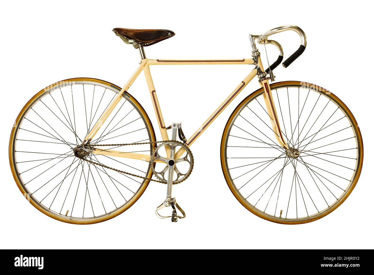 Vintage siebziger Jahre gelbes Rennrad mit einem festen Gang isoliert auf einem weißen Hintergrund Stockfoto