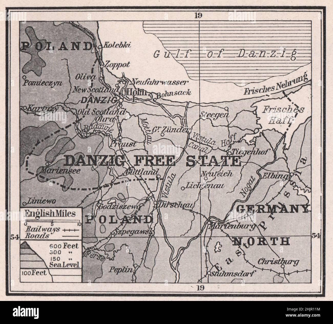 Freies Gebiet an Danzig angeschlossen. Polen. Danzig Danzig (Karte 1923) Stockfoto