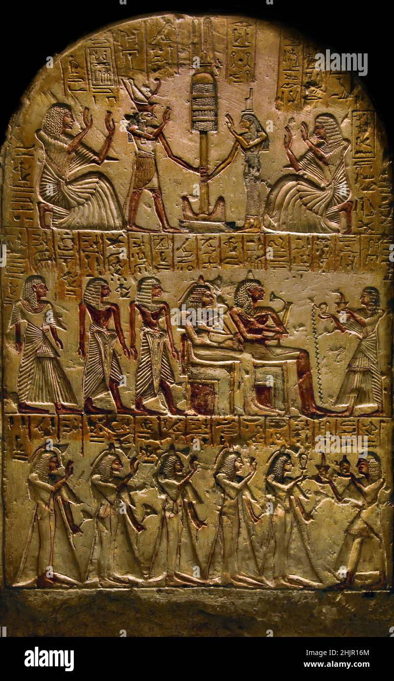 Stela von Meh, Schreiber der Schatzkammer im Tempel von Ramesses II im Heiligtum von Re (in Heliopolis) 81,5 x 50,5 x 10,5 cm 1240–1210 v. Chr. Neues Königreich neunzehnten, 19th, Dynastie, Ramesses II / Merenptah, Stein / Kalkstein, Abydos, Ägypten (Museo Egizio di Torino Italien) Stockfoto