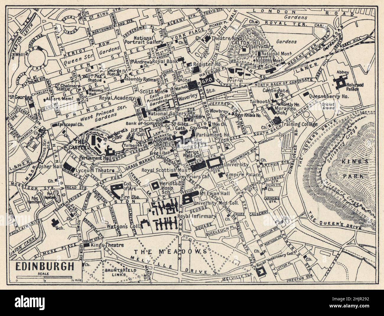 Inner Edinburgh mit dem Schloss und der Altstadt. Scotland (Karte 1923) Stockfoto