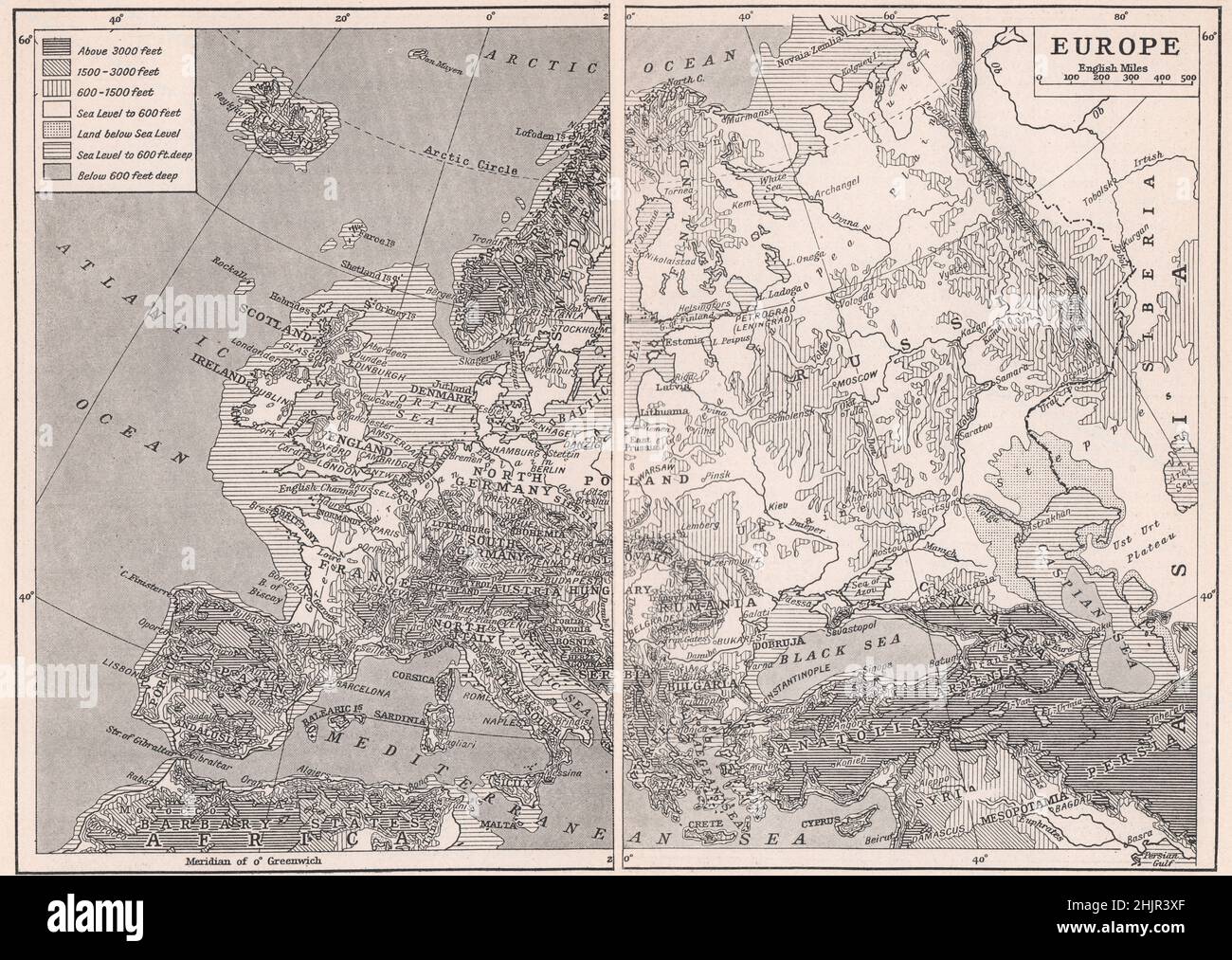 Reliefkarte von Europa, dem Halbinsel-Kontinent Höhen und Tiefen des Landes und das umliegende Meer (1923) Stockfoto