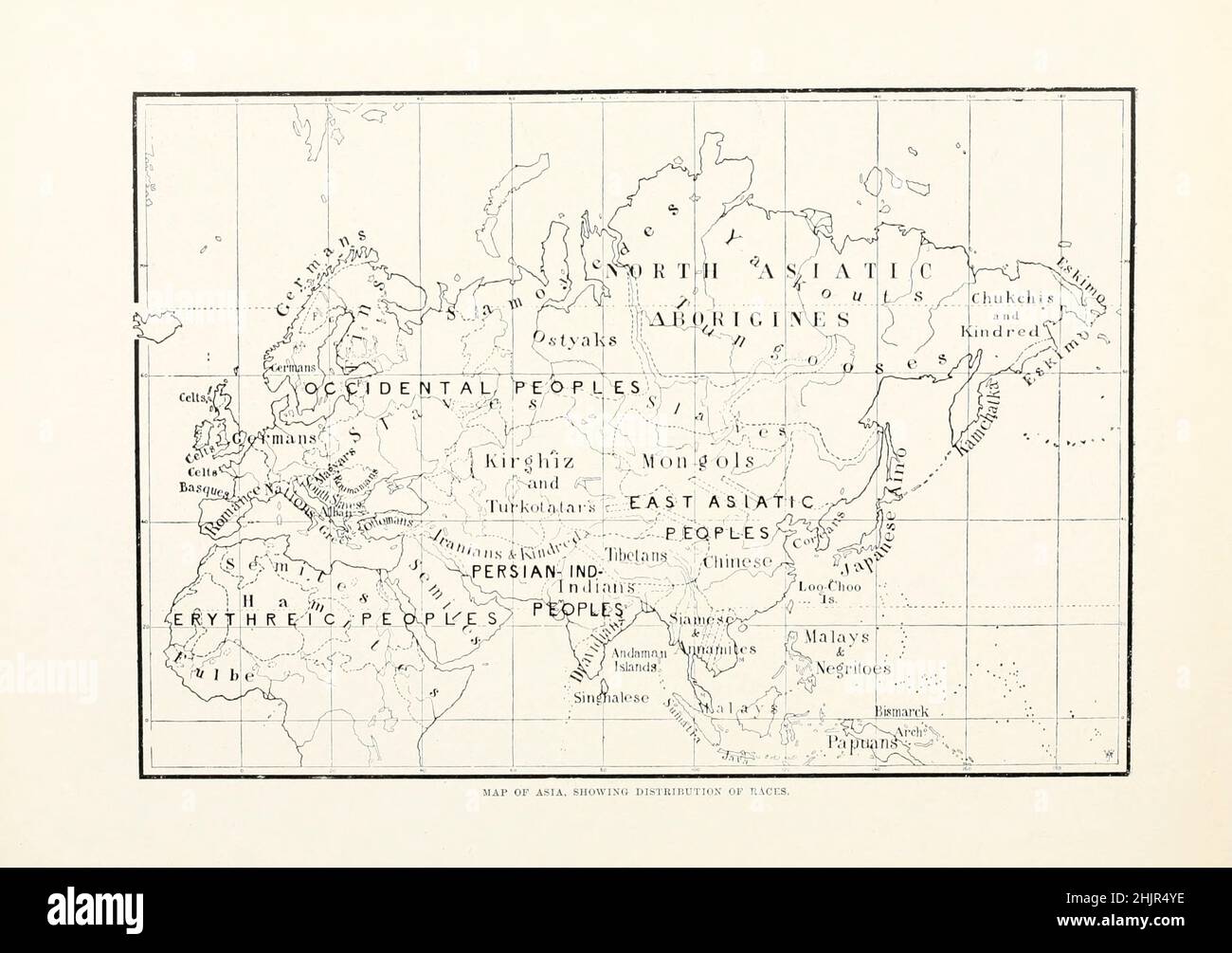 Karte von Asien mit der Verbreitung von Rassen aus dem Buch „die lebenden Rassen der Menschheit“ Vol. 1 von Henry Neville Hutchinson, Herausgeber John Walter Gregory und Richard Lydekker, Verlag: London, Hutchinson & CO 1901 Stockfoto