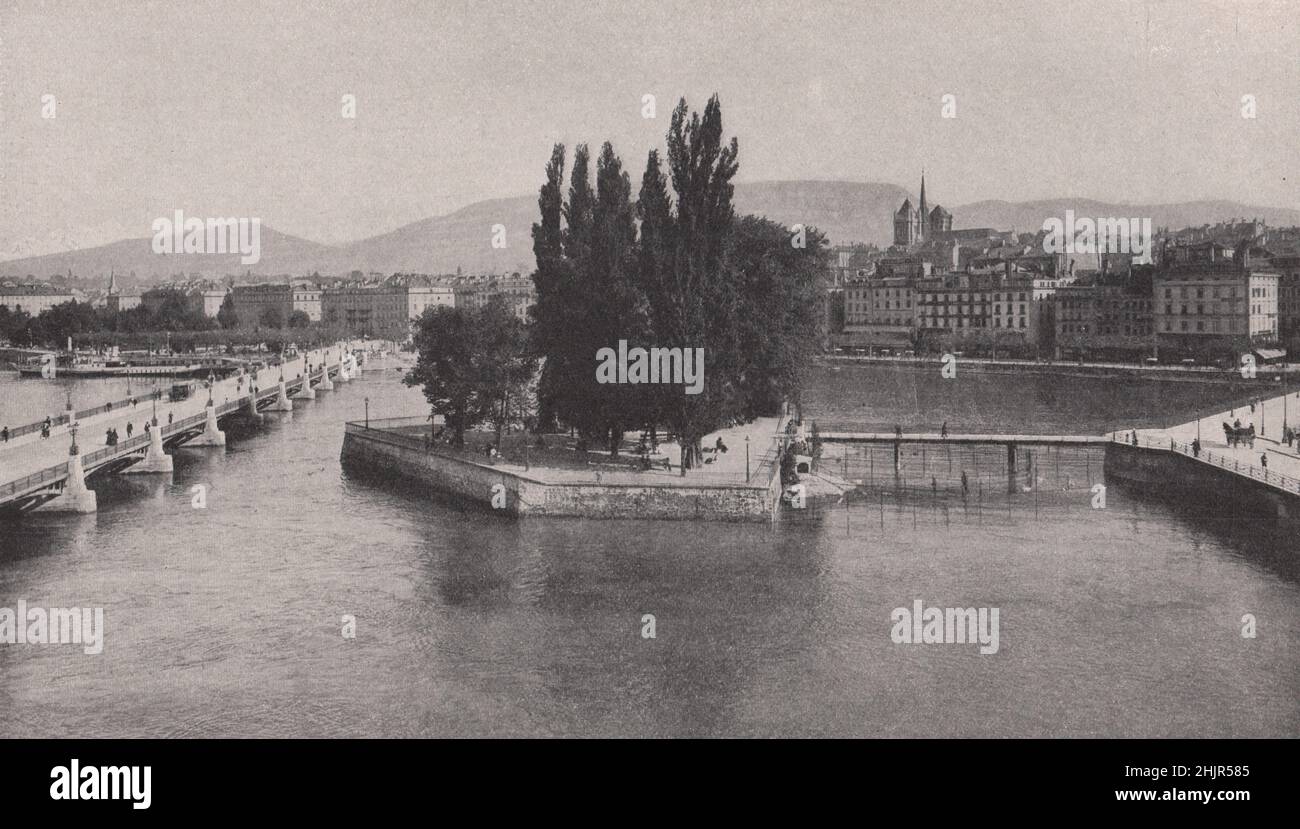 Blick über die Rhone der Altstadt von Genf am linken Flussufer. Schweiz (1923) Stockfoto