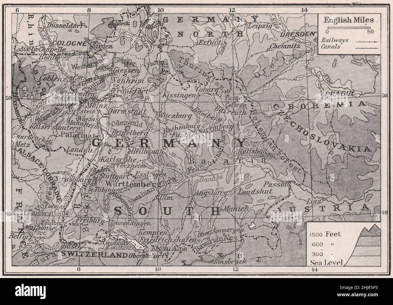 Das Hochland Süddeutschlands (1923 Karte) Stockfoto