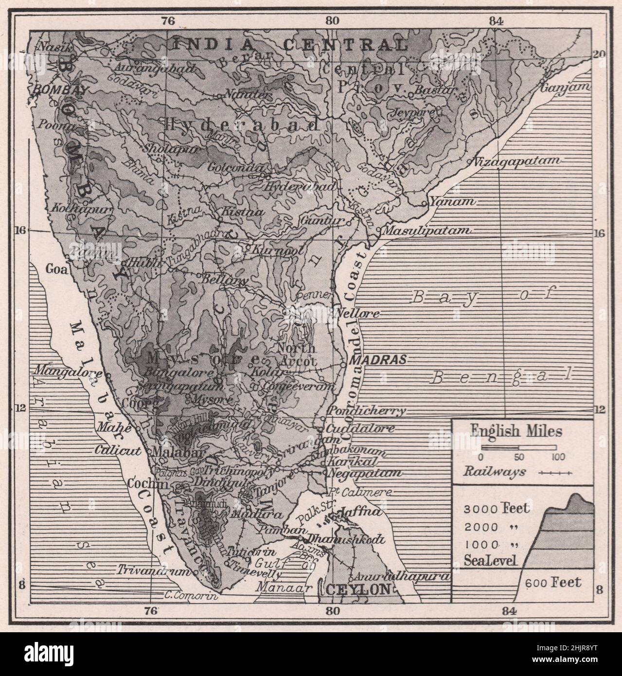 Südindisches Plateau von Malabar nach Coromandel. India Southern (Karte 1923) Stockfoto