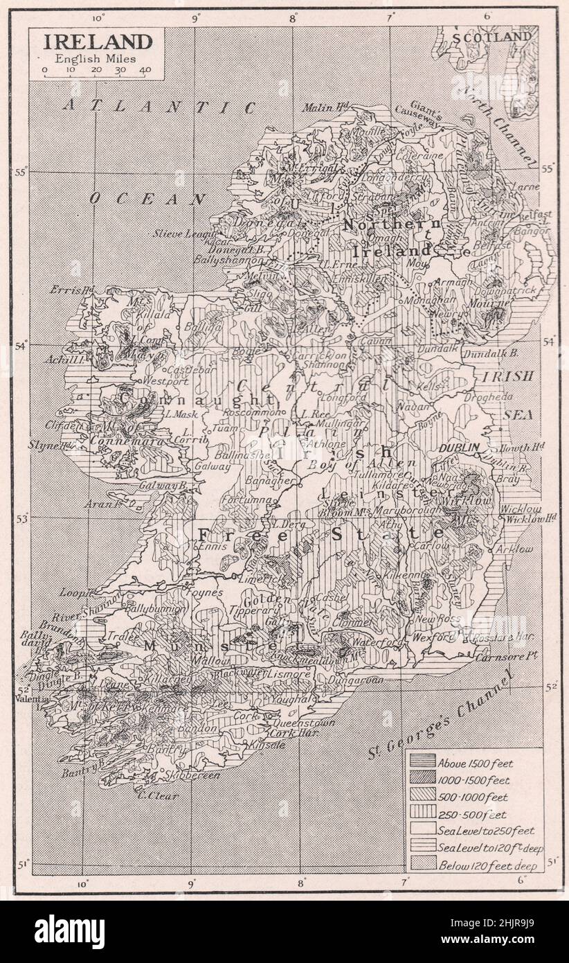 Irland mit seinem Höhenring und den zentralen Lowlands (Karte von 1923) Stockfoto