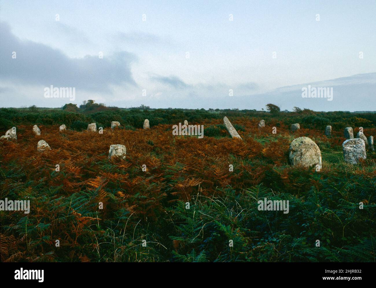 Ansicht E von Boscawen-UN Steinkreis, St Buryan, Cornwall, England, Großbritannien: Ein Oval von 19 Steinen mit regelmäßigem Abstand und einer Lücke (Eingang?) Ein W (vorne mittig) Stockfoto