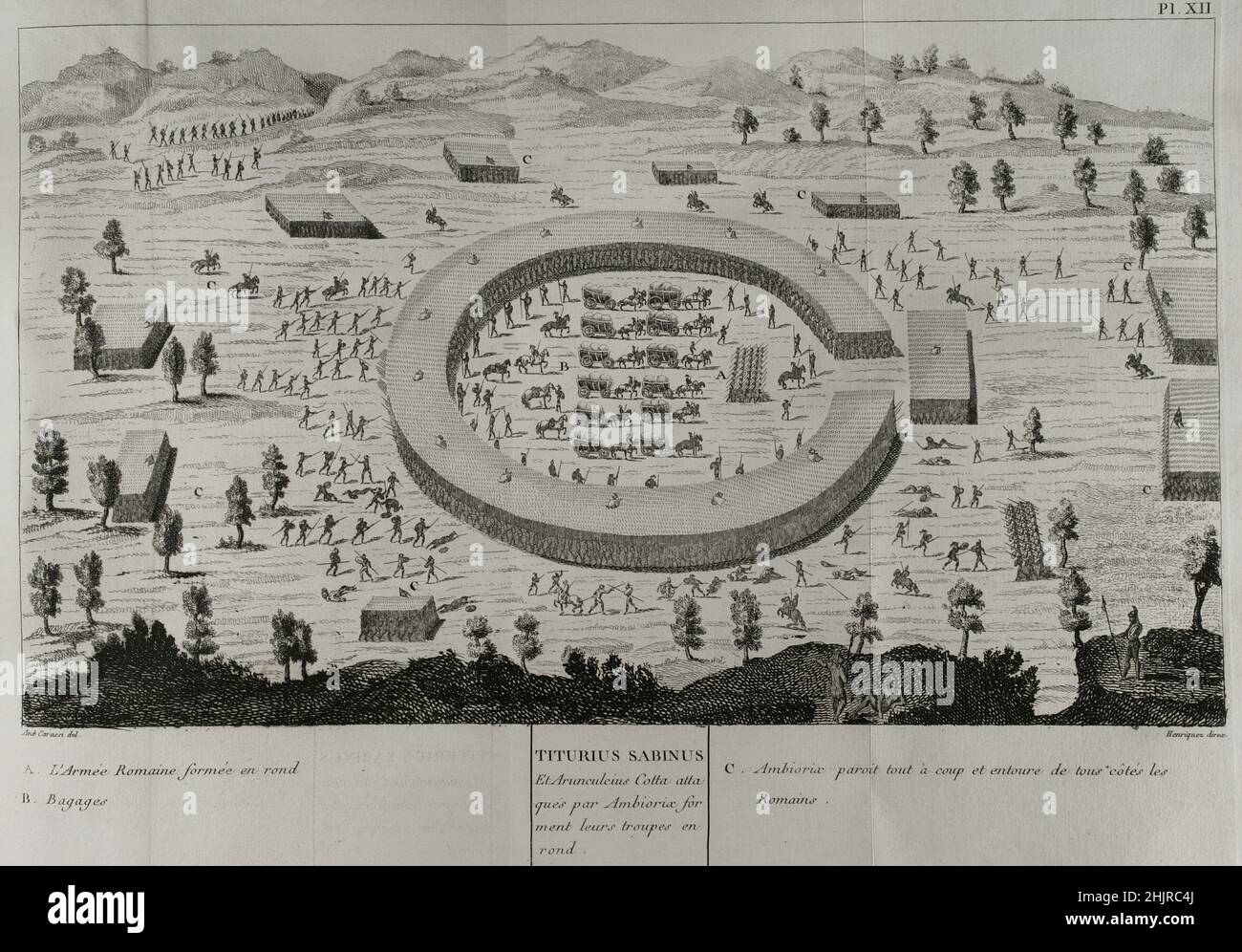 Gallische Kriege (58 v. Chr.-50 v. Chr.). Quintus Titurius Sabinus und Arunculcius Cotta, von Ambiorix angegriffen, bilden ihre Truppen in einem Kreis. Gravur. „commentaires de Cesar avec des Notes historiques, critiques et militaires“ von Graf Turpin de Crissé. Band I. Veröffentlicht in Montargis und verkauft in Paris, 1785. Stockfoto