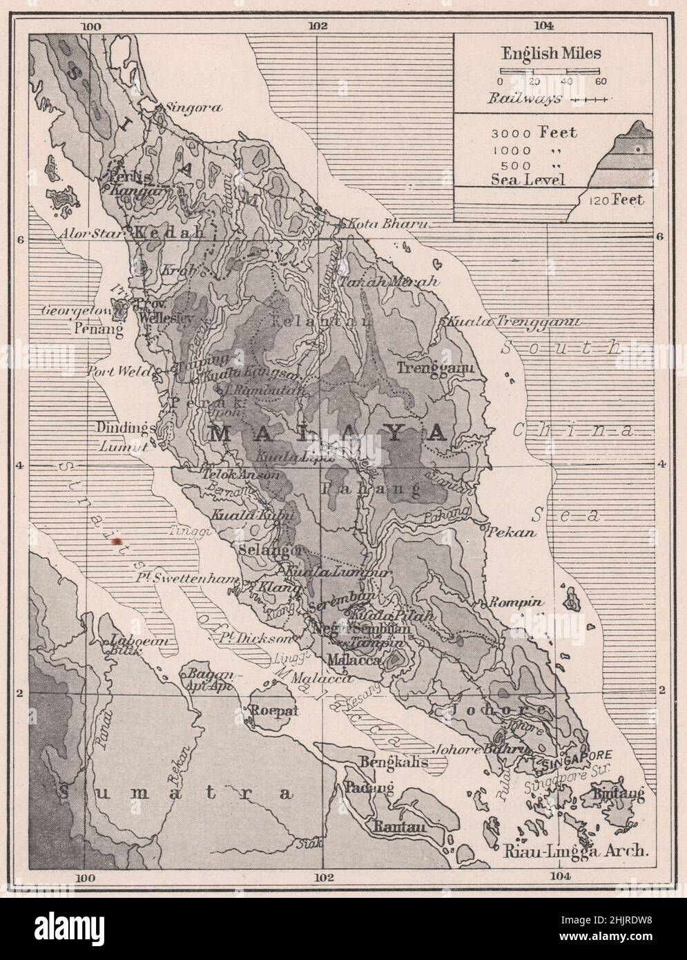 Die lange, waldreichige Halbinsel Malayas. Malaysia (Karte 1923) Stockfoto