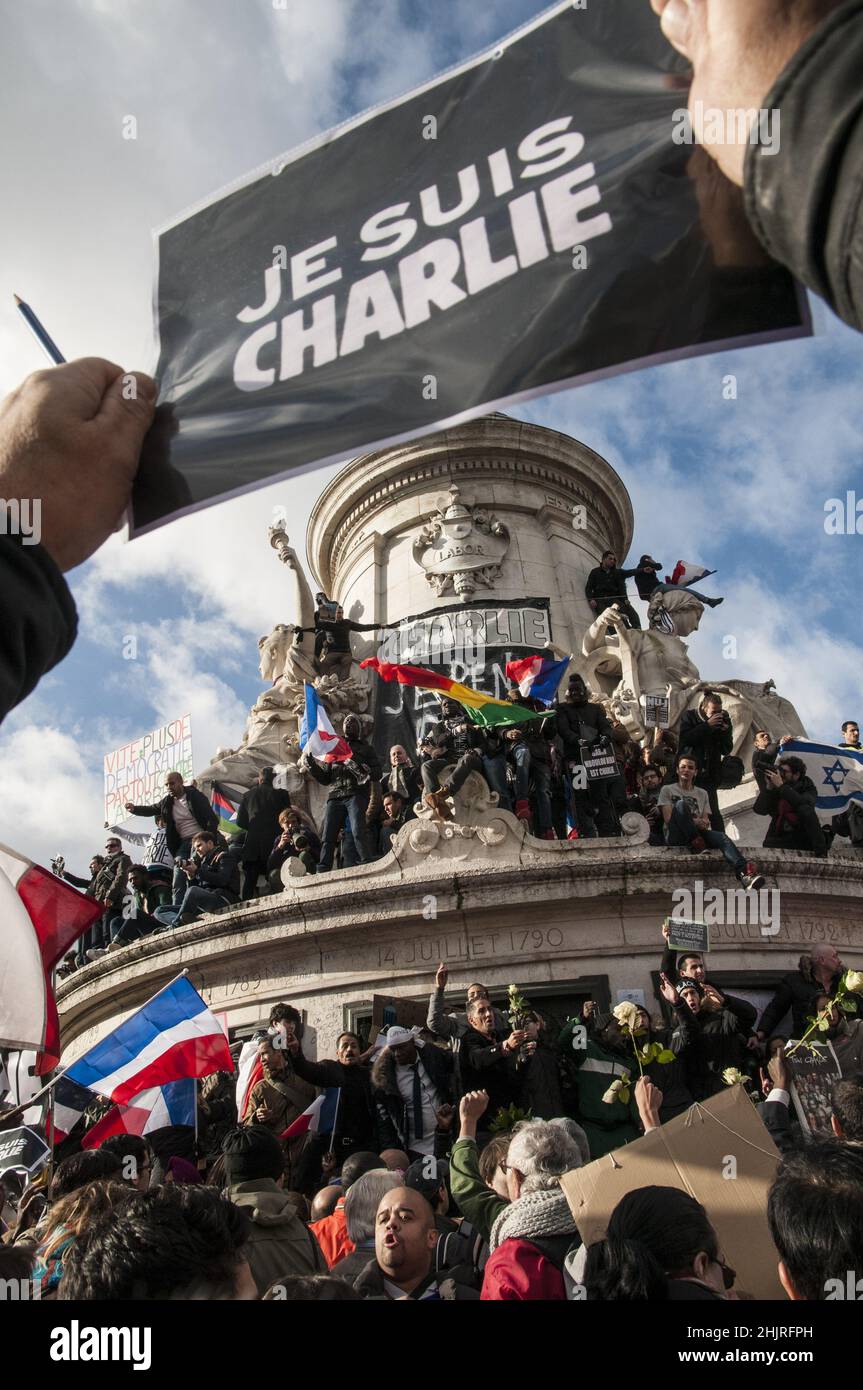 Frankreich. Paris. Platz Der Republik. 11. Januar 2015: Republikanischer marsch zum Gedenken an die Opfer der Terroranschläge vom 7. Und 9. Januar 2015 Stockfoto