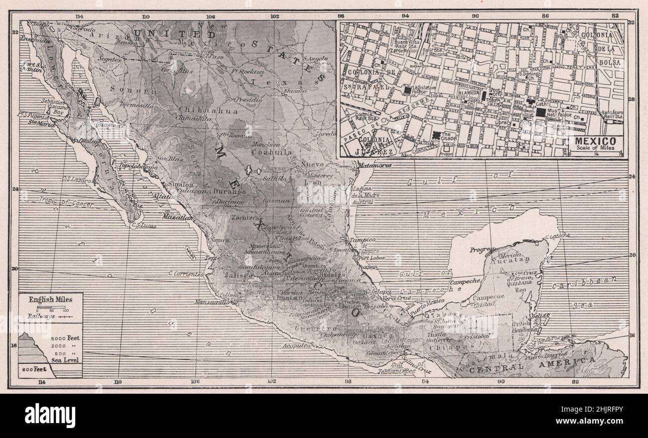 Mexiko. Wo sich Nordamerika von einem Kontinent zu einem Isthmus verengt (Karte von 1923) Stockfoto