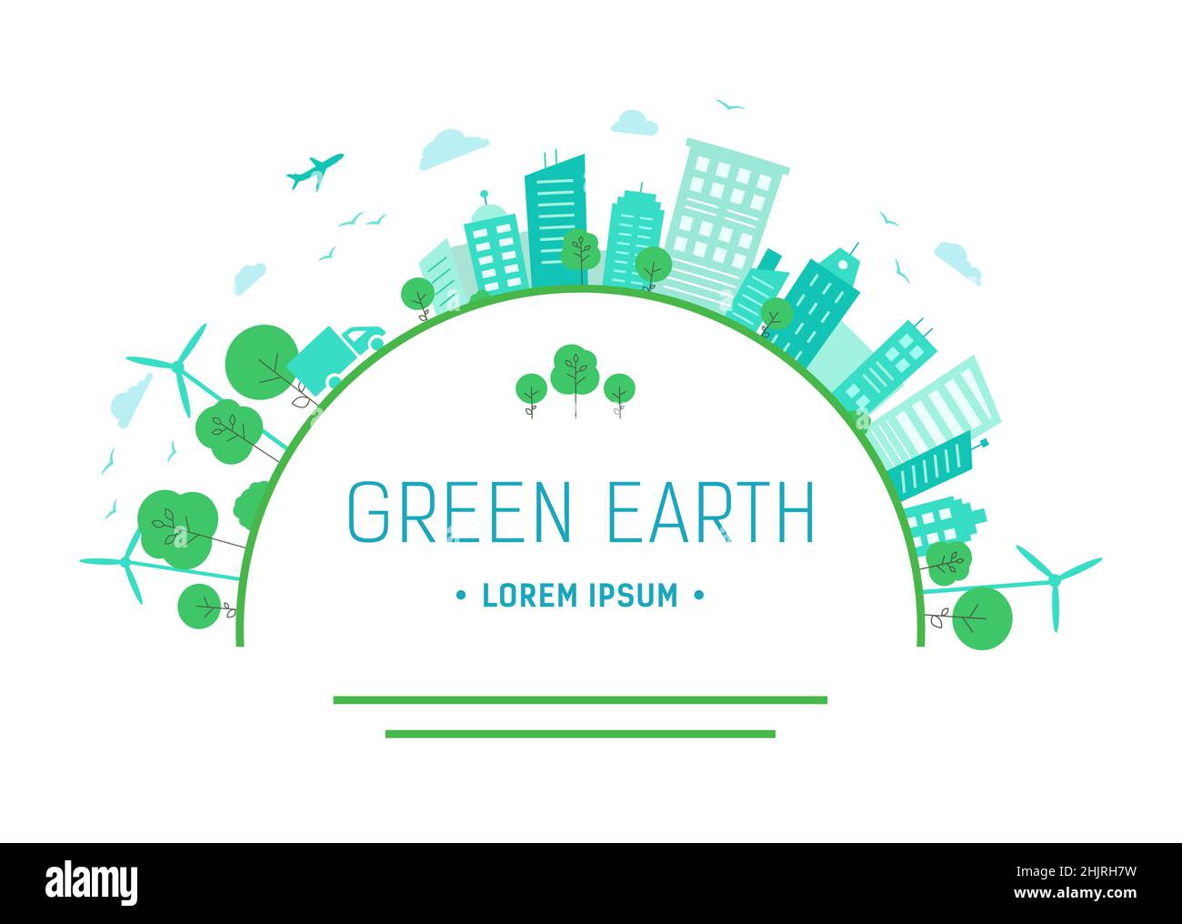 Save Green Earth. Design mit grünen Gebäuden und Baum. Viele Bäume in der Stadt. Stock Vektor