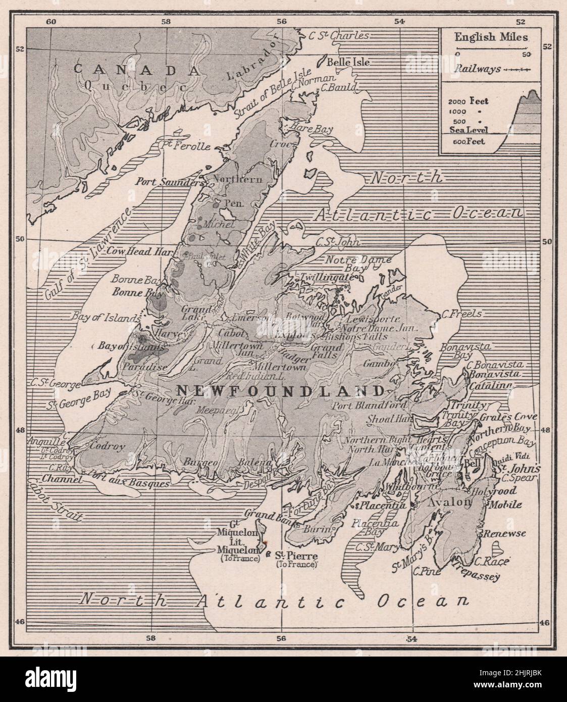 Neufundland mit seiner 6.000 Meilen an der eisengebundenen Küste. Kanada (Karte 1923) Stockfoto
