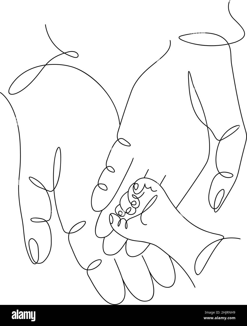 Eine kontinuierliche einzige Zeichnung Linie Kunst flach Doodle Menschen Hände, Mama lieben Papa und Baby, Mutter Vater. Isoliertes Bild, handgezeichnete Kontur auf Weiß Stock Vektor
