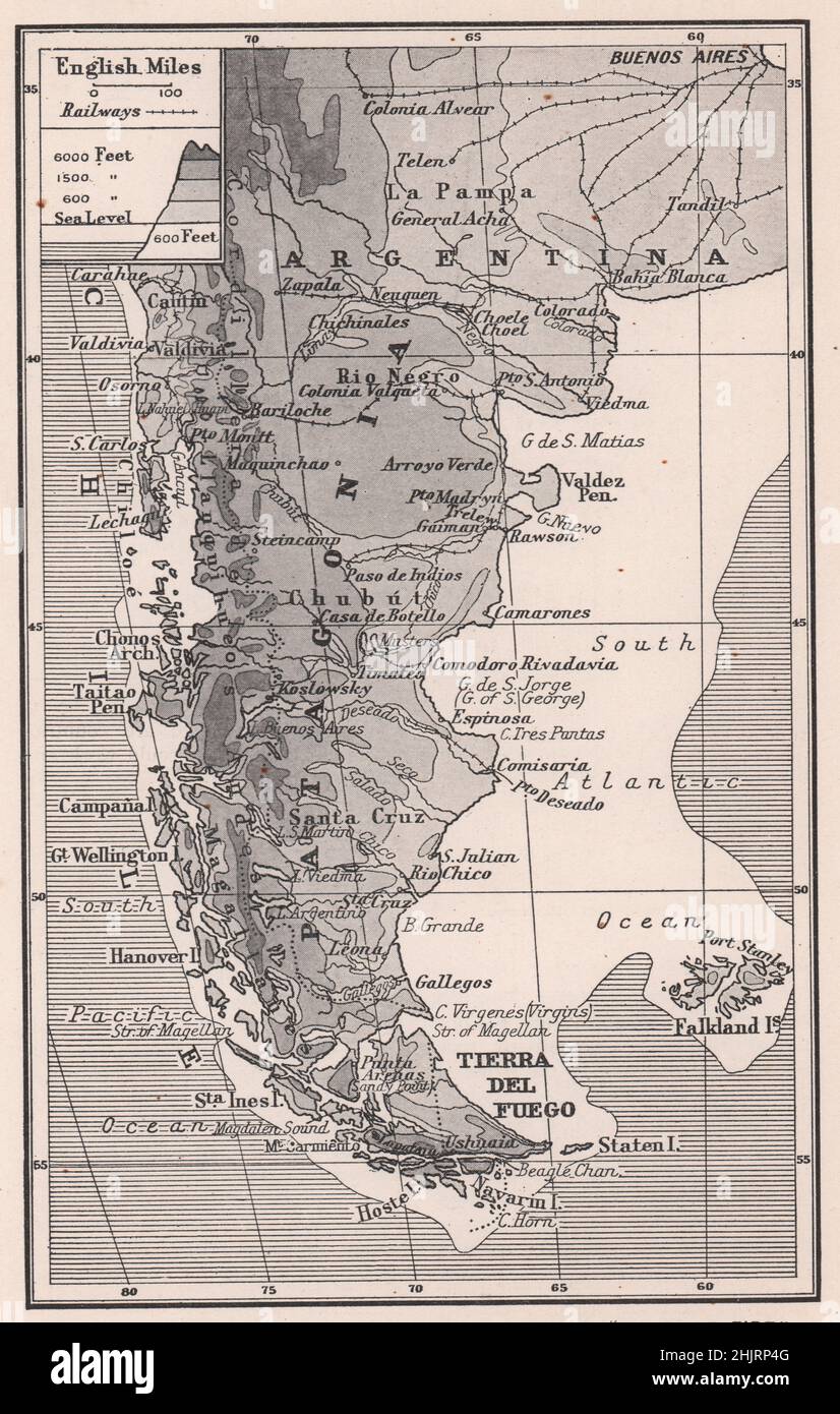 Wie zwei Republiken Patagonien und das Land des Feuers teilen. Südamerika (Karte 1923) Stockfoto
