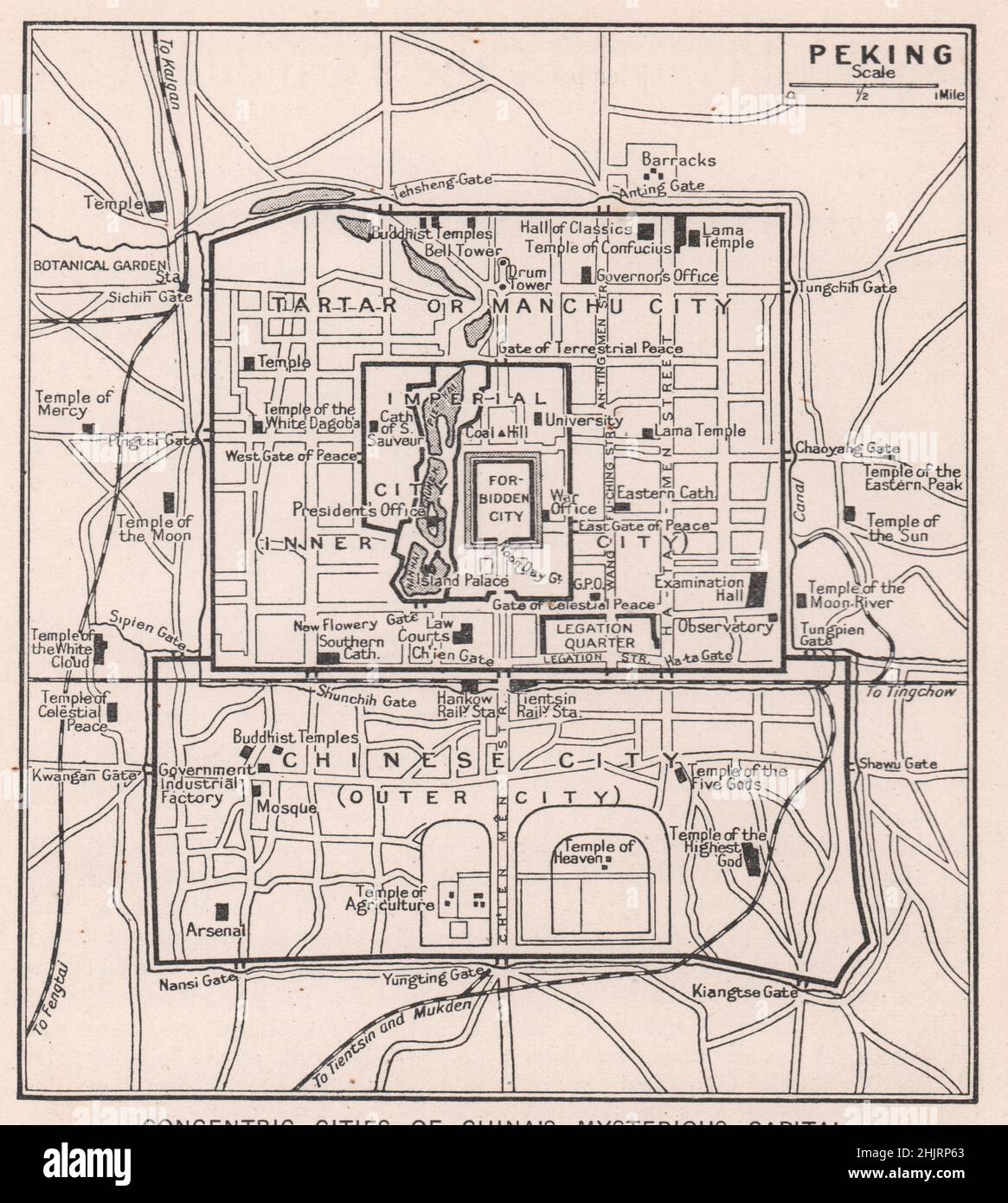 Konzentrische Städte der geheimnisvollen Hauptstadt Chinas. Peking (1923 Karte) Stockfoto