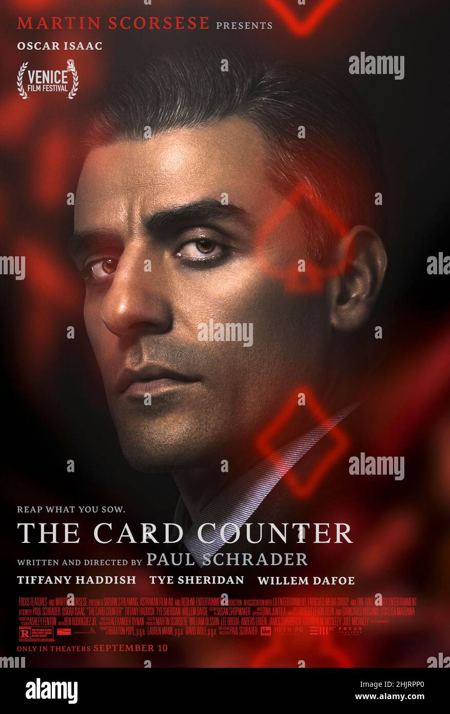 The Card Counter (2020) unter der Regie von Paul Schrader mit Oscar Isaac, Tiffany Haddish und Tye Sheridan. Rachethriller über einen ehemaligen militärischen Verhörer, der Spieler geworden ist, verfolgt von den Geistern seiner Vergangenheit. Stockfoto